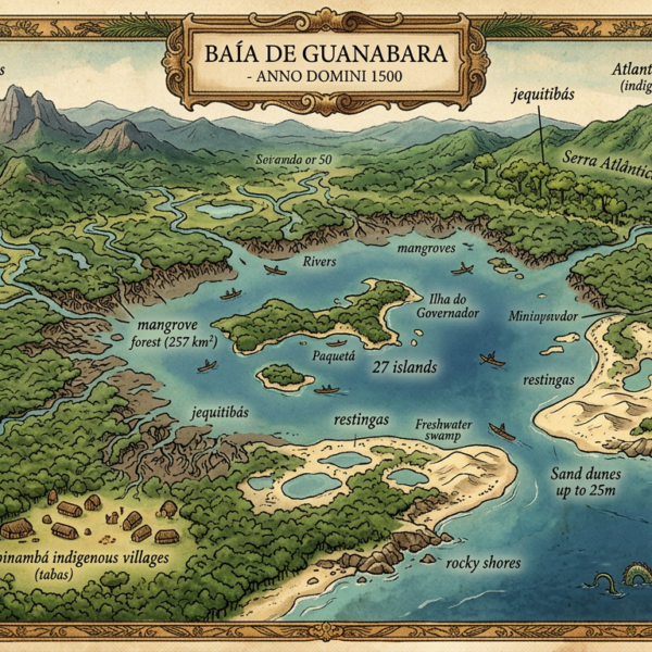 Descubra a Baía de Guanabara em 1500: manguezais de 257 km², 27 ilhas e Tupinambás em equilíbrio com a natureza. Análise da obra de Elmo da Silva Amador sobre ecossistema pré-colonial e lições ambientais. Leia agora!