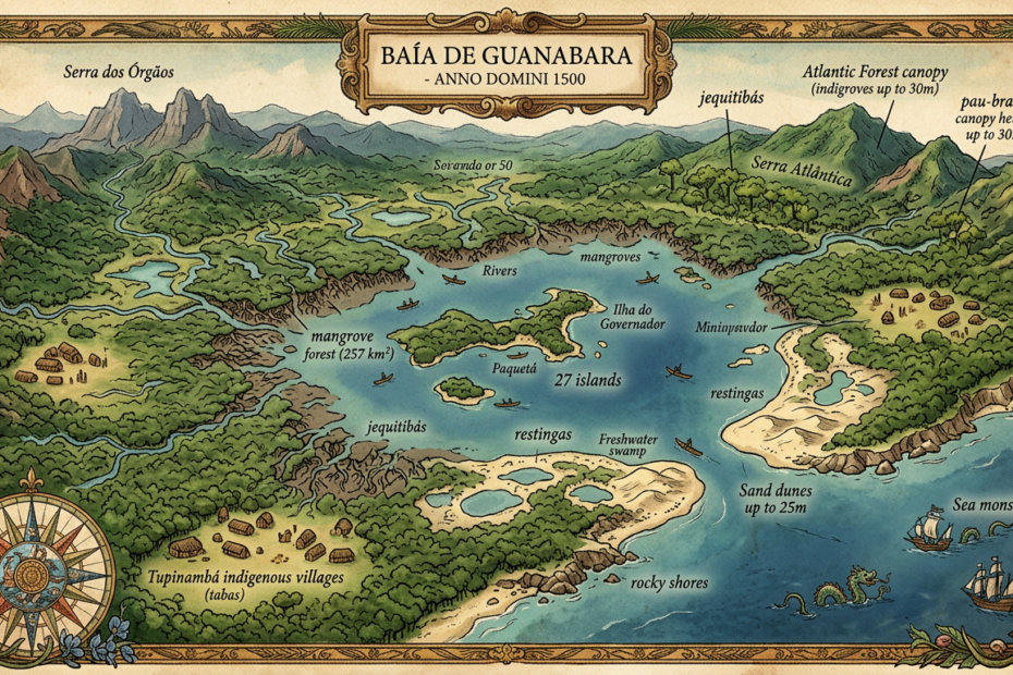 Descubra a Baía de Guanabara em 1500: manguezais de 257 km², 27 ilhas e Tupinambás em equilíbrio com a natureza. Análise da obra de Elmo da Silva Amador sobre ecossistema pré-colonial e lições ambientais. Leia agora!